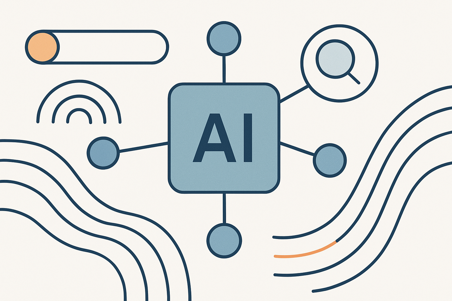 AI network diagram with central AI chip node connected to surrounding nodes — flat-style illustration with teal and blue nodes, orange accent elements, on a warm off-white background
